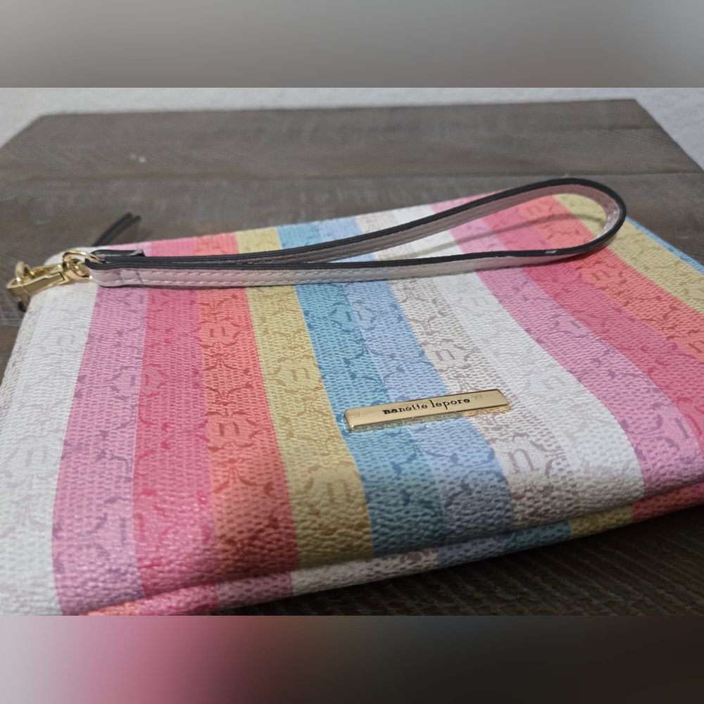 Nanette Lepore Wristlet Logo Summer Stripe Multi Pastel Colors Pouch Wallet - Picture 12 of 15